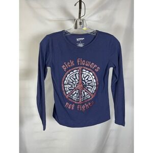 Arizona Jean Co Girls Navy Blue Peace Sign Graphic Long Sleeve Tee Shirt Size 14